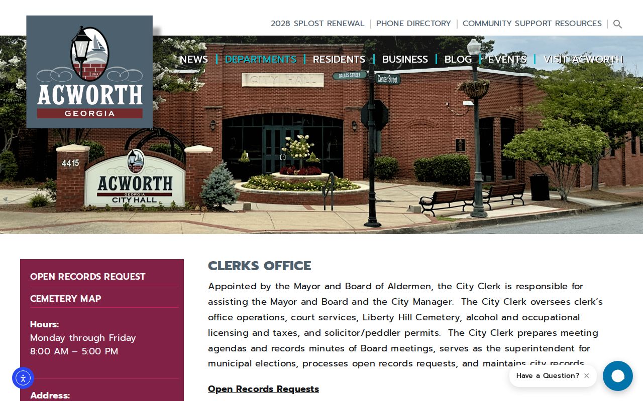 Acworth City Clerk page for municipal records and open-record requests