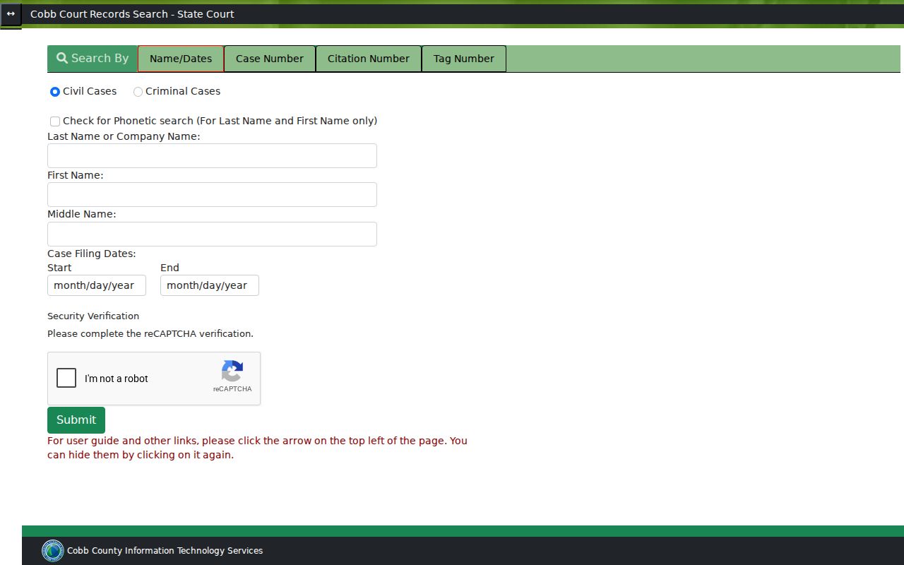 Cobb State Court search form for Acworth names and cases