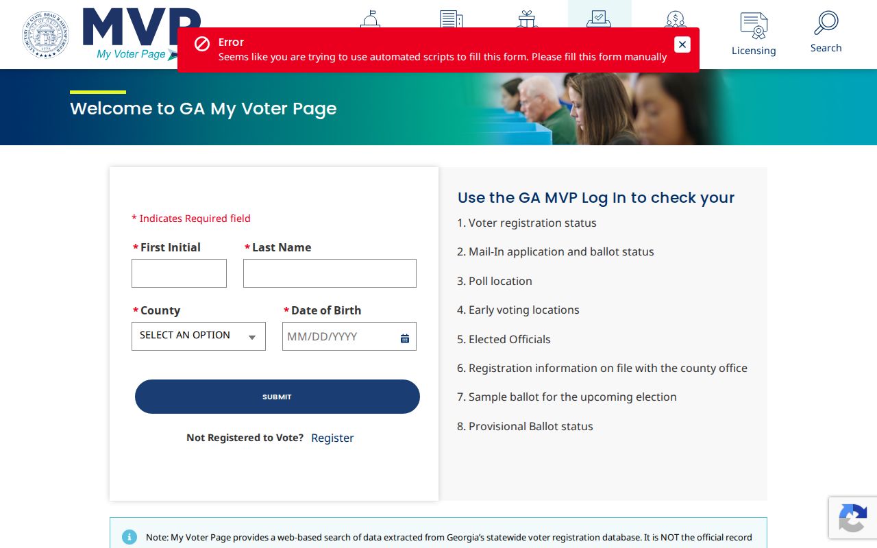Georgia My Voter Page form for an Acworth voter lookup