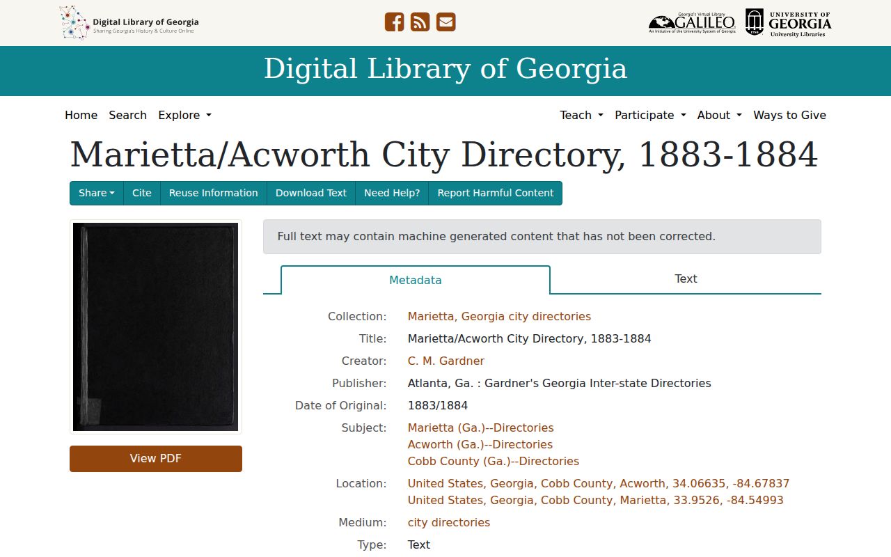 Acworth city directory record for the 1883-84 Gardner collection