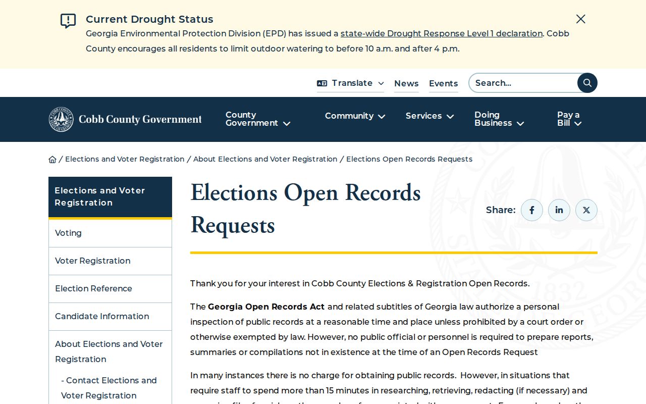 Cobb Elections open records request page for lawful Acworth block research